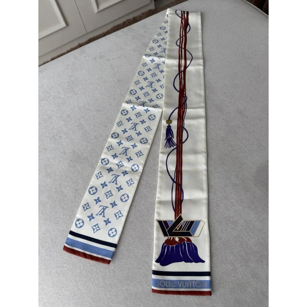 Louis Vuitton Silk Bandeau Scarf Cream Blue Monogram Tassel LV Logo Twilly Wrap⁠